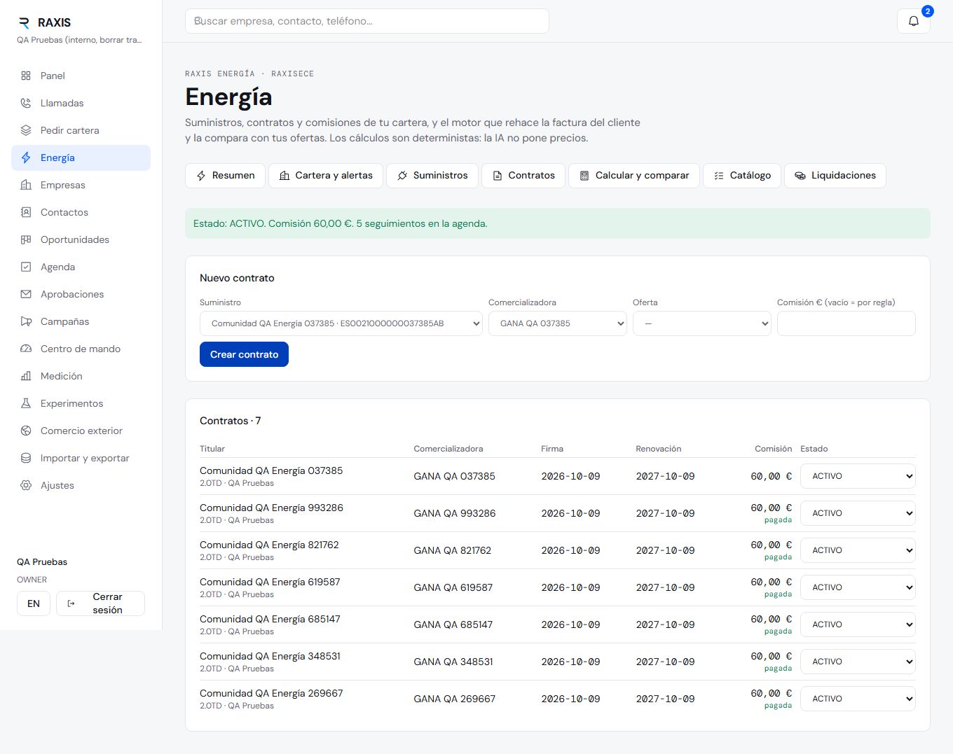 CRM de energía con contratos y estados