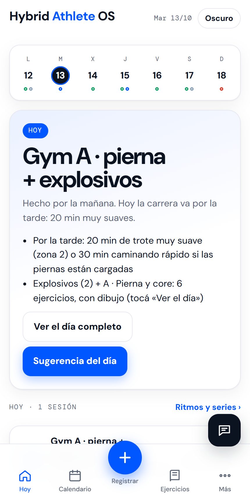 App de entrenamiento con plan del día, calendario semanal y chat de IA